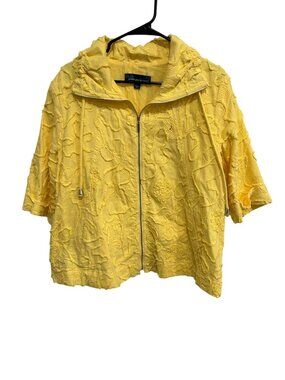 Susan Graver Style Textured Full Zip Hooded Jacket Yellow Sz Large 3/4 Sleeve